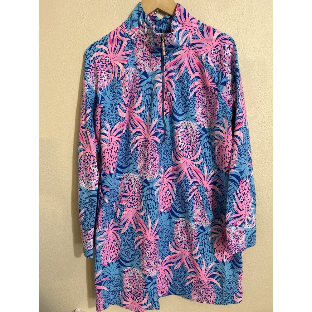 Lilly Pulitzer UPF 50+ Skipper Ruffle Dress in Blue Tropic Down Low Pineapple XL